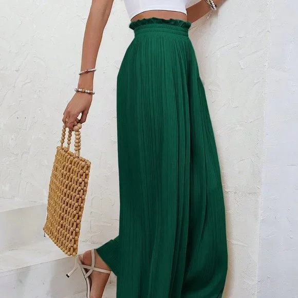 Green Boho Womens Paperbag Waist Pleated Wide Leg Pants - Picture 2 of 5